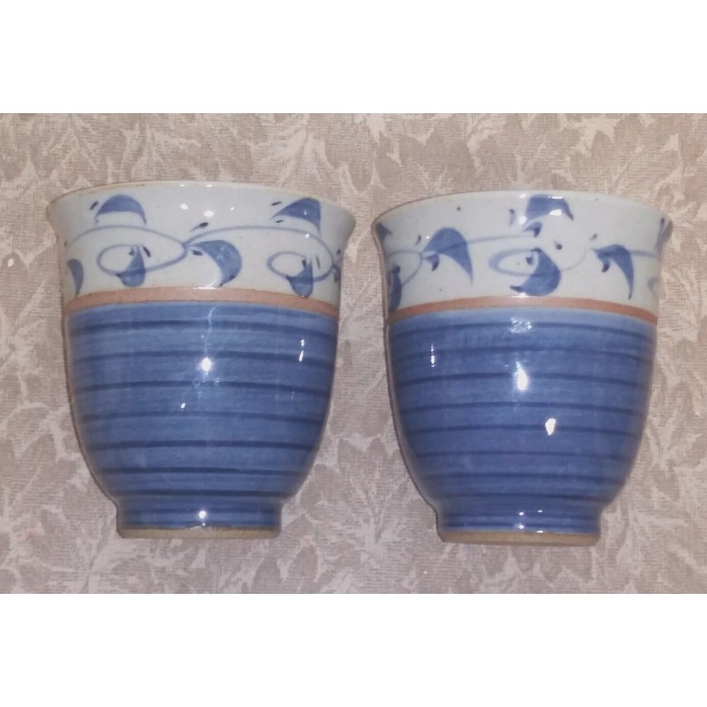 Japan Tea cup set ?Yunomi yakiware ?Sake Ochoko Cups blue ivory Ceramic Pottery